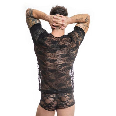 T-Shirt Uomo Romance con Pizzo Nero e Stampa Floreale Elegante